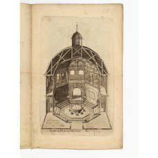 Wooden pavilion, shown in section, with massive red marble table-fountain and eight chair-fountains, engraving by Zacharias Lesche (258 × 160 mm, matrice)