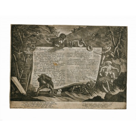 Mezzotint title to a print series recording a Carnival entertainment performed at Salzburg University in 1764 (298 × 420 mm, sheet)