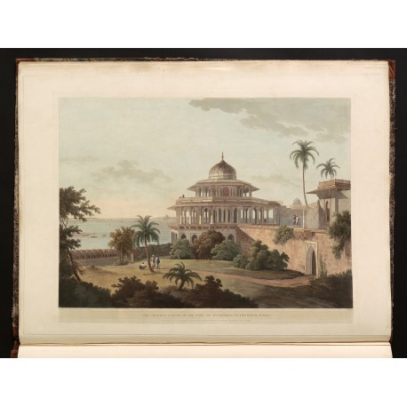 "The Chalees Satoon In The Fort Of Allahabad On The River Jumna", a pleasure pavilion built by Akbar near the junction of the Yamuna and Ganges river. Hand-coloured aquatint drawn and engraved by Thomas Daniell, published July 1795 (Oriental Scenery, First Series, plate VI)