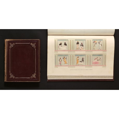 (Left) Binding by Philipp Selenka; (right) "Peinture trouvée sur la Frise d’un Tombeau à Cyrène", engraving by Adam after a drawing by Pacho (text imposed in quarto, plates in folio)
