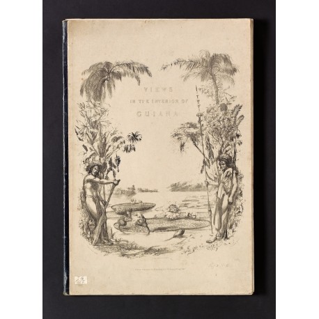 The lithograph on upper cover of the binding is from the same stone used for the title-page (but here printed in black only); it depicts the gargantuan Victoria regia water lily, which Schomburgk found in the upper reaches of the river Berbice, and brought back to England where a special house for it was built at Chatsworth.