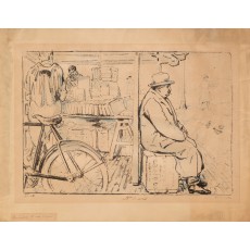 Lithograph by William Nicholson of the Cambridge bookseller Gustave David, signed on the stone and in brown ink by Nicholson. No. 25 of 100 copies printed