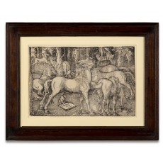 Group of Seven Horses (Stallion approaching a mare with ape, elk and man looking on), woodcut by Hans Baldung Grien