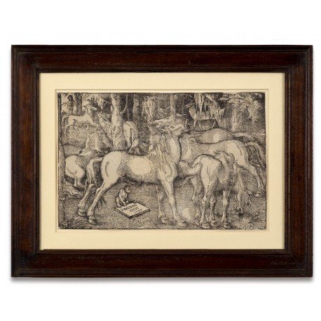 Group of Seven Horses (Stallion approaching a mare with ape, elk and man looking on), woodcut by Hans Baldung Grien