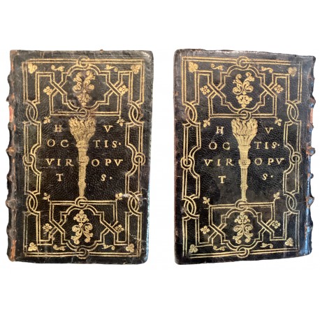 Bindings for an unknown collector using the motto “Hoc virtutis opus”